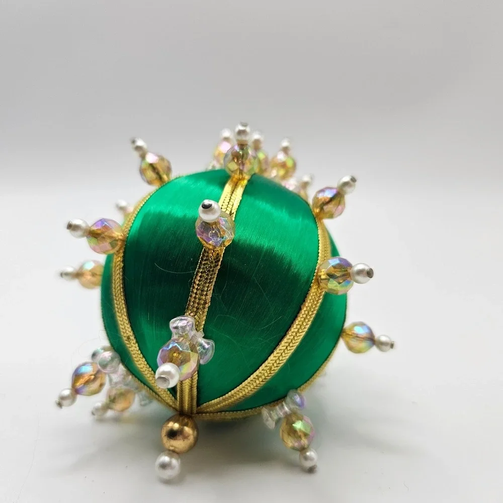 Vintage Emerald Green Beaded Christmas Ornament Holiday Decor‎ Sphere Handmade